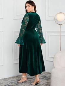 Modelyn Plus Size Women Sweetheart Neck Contrast Lace Flare Sleeve Elegant Dress