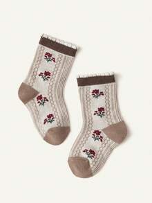 Cozy Pixies 4双装婴儿棉袜，春秋夏季宽松无束缚女童公主风，春秋小香花图案，无骨设计，中长袜