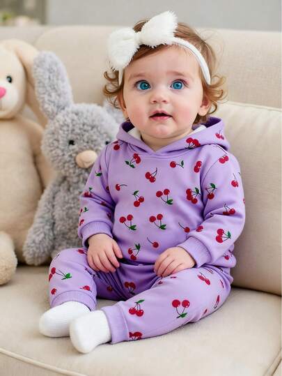 2pcs/Set Baby Girl Cherry Print Purple Hooded Knit Long Sleeve Sweatshirt And Full Print Purple Pants Outfit, Autumn/Winter, Cute Casual Style For Indoor And Outdoor Wear
