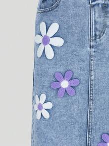 SHEIN Explorewe Jeansy dla nastolatek, casualowe i urocze, z trójwymiarowym haftem kwiatowym, prosty krój, wygodny bawełniany denim, odpowiednie do noszenia na co dzień, do szkoły i dojazdów do pracy, na każdą porę roku, dla dziewczynek z lat 90., w stylu lat 90. - Średni jeans - Zobacz 6