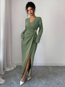 SHEIN PETITE Women's Elegant Solid Color Wrap Long Dress For Commuting - Green - View 6