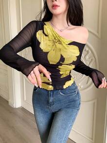 Modelyn Women's Solid Color Mesh Contrast Mesh Printed Asymmetric Ruched Minimalist Sexy T-Shirt - Yellow - View 7