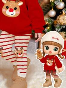 SHEIN Happikins Cream White & Burgundy Striped, Cute Christmas Cartoon Reindeer Pattern, Young Girl Casual Soft Thick Crew Neck Long Sleeve Sweatshirt And Leggings Set, Suitable For Autumn/Winter Daily Wear, Christmas, Cozy Season, Christmas Gifts, Autumn & Winter Outfits, Easy Comfort, Autumn & Winter Layers For Girls, Stylish Girls, Casual Wear, Kids Graphic Clothes, Fall & Winter Clothes, New Style - Multicolor - View 6