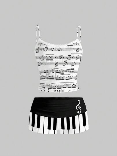 Kawaii Set di top corto e pantaloncini sexy in stile Y2K, con stampa di note musicali e pianoforte, in bianco e nero, con spalline sottili, rivelatore, moda coreana