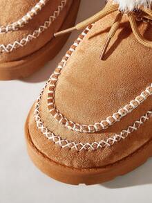 Solecia Damen Braun Neue Mode Bequeme Plüsch Dicke Sohle Warme Schneestiefel, Dicke Fütterung, Einfarbig Schnürung Dekorative Steppnaht Lässig Knöchel Stiefel, Warme Stiefel