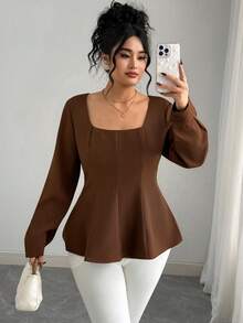 Elenzga 女式方领梯形领多缝腰部 A 字长袖衬衫，袖口，优雅的梅洛棕色，精致的办公室/通勤/商务休闲，复古街头风格，百搭，秋冬，春季新品 - 棕色 - 查看 5