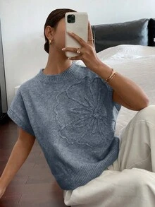 Siren Gaze Women's Floral Print Stand Collar Flutter Short Sleeve Knit Top,Knitted Sweater Summer - Baby Blue - View 6