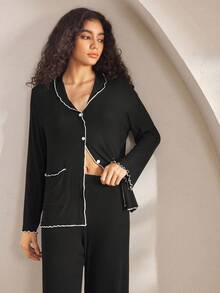 Ocili Set de pijama confortabil din bumbac cu nervuri, în culori contrastante, cu volane, moale, cu top cu mânecă lungă și pantaloni pentru femei, haine de toamnă-iarnă