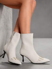 CUCCOO SZL Spitze Mittelhoch Absatz Stiefel für Frauen, modische professionelle weiche Leder Schlank Absatz Knöchel Stiefel, Herbst/Winter