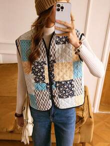 EMERY ROSE Áo vest chần bông in họa tiết chắp vá phong cách miền Tây thường ngày dành cho nữ LanaWest - Màu xanh hải quân - Xem 4