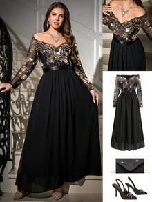 SHEIN Clasi Plus Size Women Floral Patchwork Sequin Mesh Off-Shoulder Long Sleeve Elegant Dress