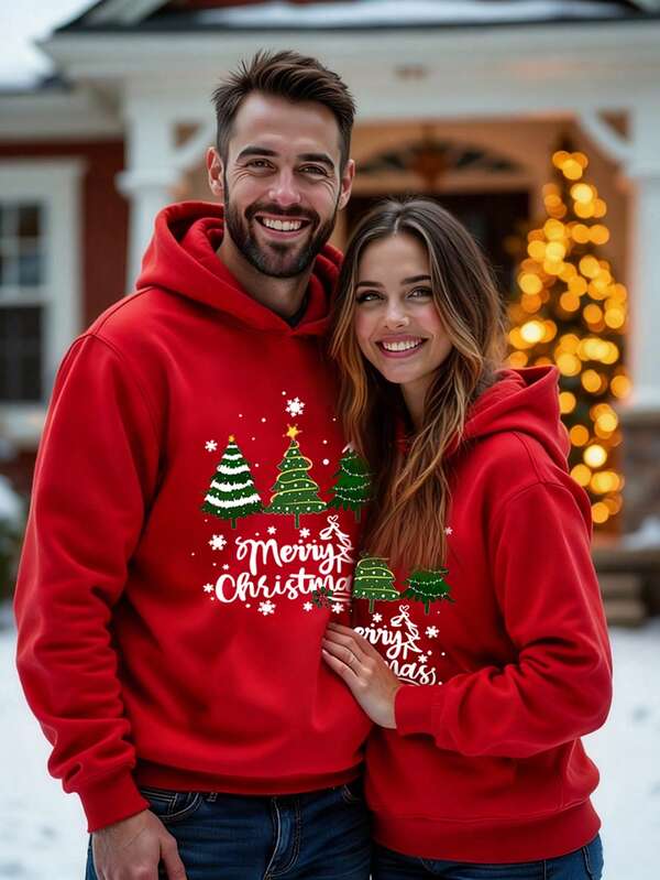 Manfinity Homme Sudadera con capucha roja de talla grande para hombres con estampado navideño alegre, de hombros caídos y gruesa, adecuada para reuniones familiares, regalo para esposo/novio