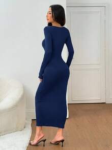 SHEIN PETITE 女士秋冬基础款针织灰色修身方领长袖连衣裙 - 藏蓝色 - 查看 2
