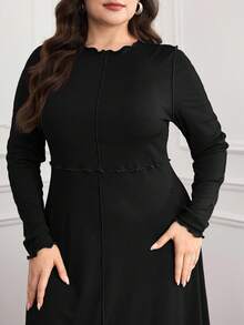 Modelyn 大码女式纯色荷叶边圆领长袖休闲连衣裙 - 黑色 - 查看 3
