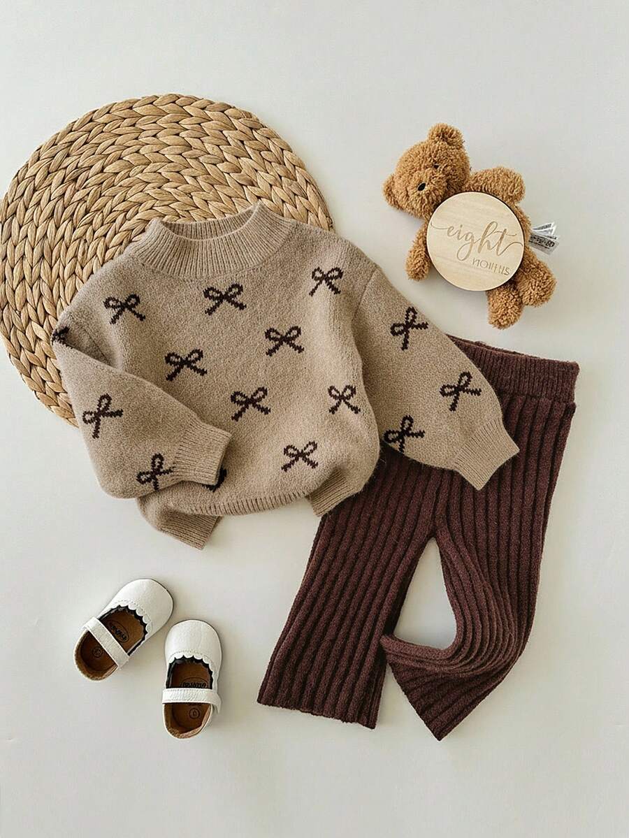 SHEIN 女婴可爱波点长袖毛衣和松紧腰裤套装，秋冬季休闲装