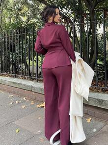 NegzBox Women's Suit Set, Suit Fabric, Lapel Collar, Long Sleeve, Waist Cinched A-Line Asymmetric Hem, Metal Button Decor, Sophisticated & Elegant For Office, Commute, Street Style, French Romantic, Casual, Middle Eastern Vintage, Afternoon Tea, Party, Thanksgiving, Back To School, Autumn/Winter - Burgundy - View 2