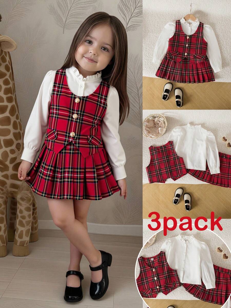 Emery Rose Kids 3 件套年轻女孩优雅金色纽扣背心、荷叶边领衬衫和百褶裙格子套装，适合秋冬季、派对、日常穿着、圣诞节、学校、姐妹装 - 紅白色 - 查看 1