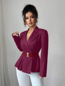 GlowEve Women's Elegant Notched Collar Cinched Waist Blazer Jacket, Suitable For Commuting In Autumn - Red Violet - View 5