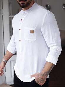 Manfinity CasualCool 男士纯色素色前扣长袖口袋简约休闲衬衫，白色纽扣，适合秋季外出穿着 - 白色 - 查看 5