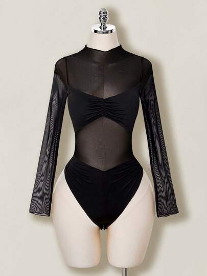 SHEIN ICON Women's Stand Collar Mesh Patchwork Sheer Ruched Long Sleeve Bodysuit