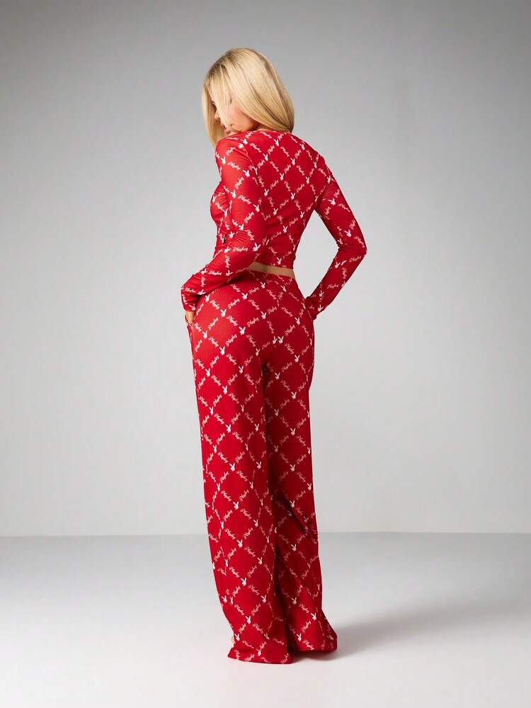 Missguided x Playboy Logo Print Lounge Set Long Sleeve Crop Top High Waist Pants Sleepwear Pajamas Loungewear
