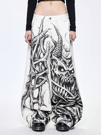 Grunge Punk Jeans a vita bassa a gamba larga con stampa scura