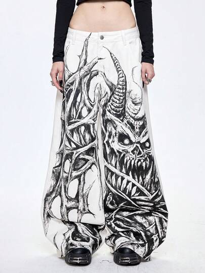 Grunge Punk Jeans à taille basse et jambes larges avec imprimé sombre