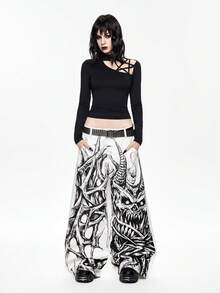 ROMWE Grunge Punk Dark Print Low Waist Wide Leg Jeans - White - View 7