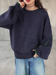 FRIFUL 女士深灰色撞色蓝色滚边圆领落肩长袖宽松休闲百搭毛衣，秋季 - 藏蓝色 - 查看 3