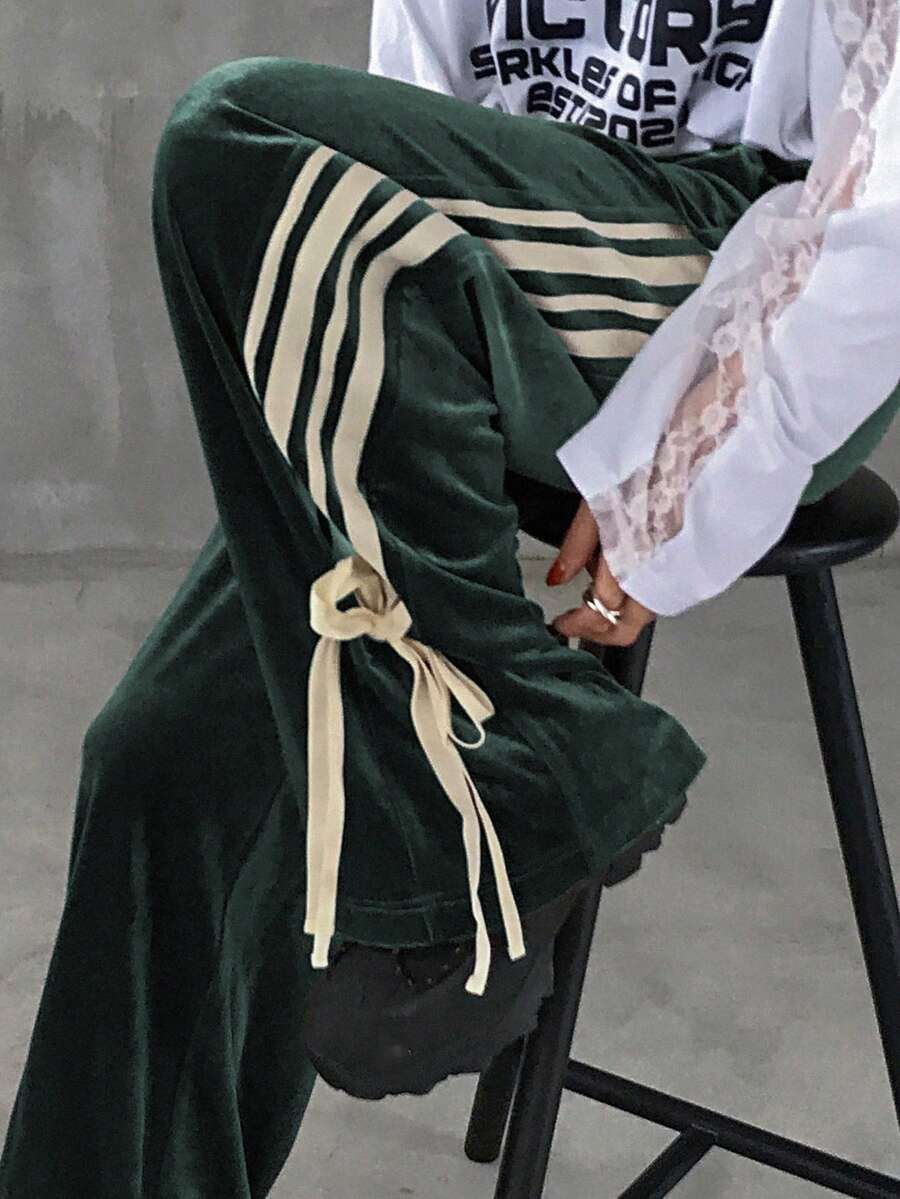 FRIFUL Celana Kasual Wanita dengan Garis-Garis Kontras Warna, Tali Serut di Pinggang, Model Longgar dan Lebar - Hijau - View 1