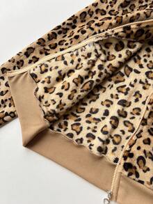 Elamini 1件棕色休闲可爱撞色法兰绒保暖内衬印花豹纹抽绳连帽柔软卫衣外套，女款，返校季，家居服 - 彩色 - 查看 9