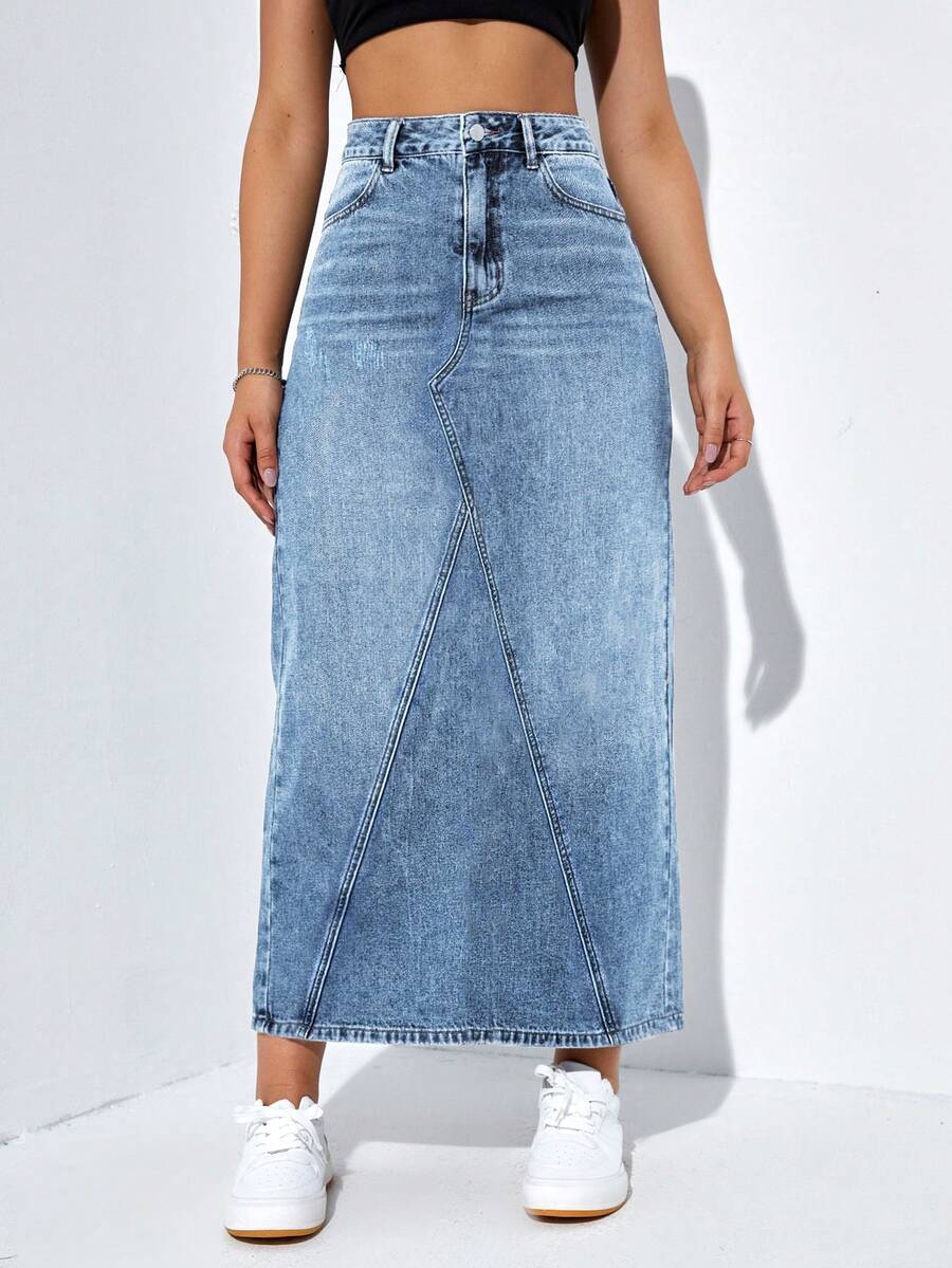 Jeanoix Plus Size Color Block Zipper Pocket Casual Versatile Denim Skirt - Blue - View 1