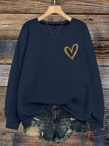 EMERY ROSE Damen Gold Herz-Form bedruckter Rundhals Langarm Sport Lässig Sweatshirt Pullover, geeignet für Herbst und Winter