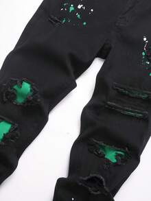 Manfinity Roughcore Men's Pocket Distressed Skinny Casual Jeans Drip Jeans Men Splash Ink Jeans Men Black Ripped Jeans