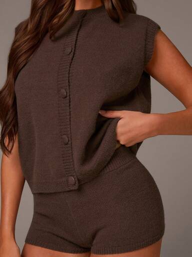 Athîral Ensemble 2 pièces de gilet tricoté et short en couleur unie décontracté et polyvalent pour femmes