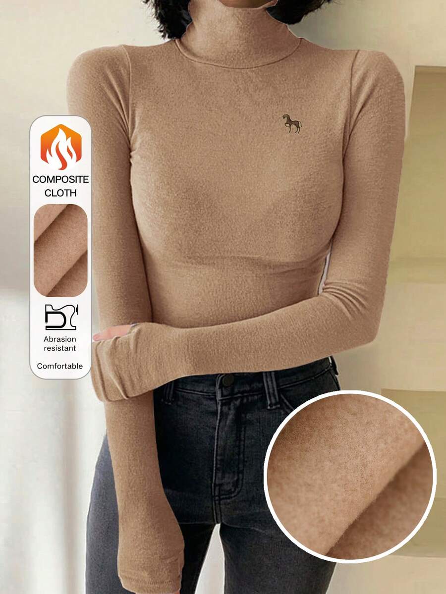 DAZY قميص تيشرت نسائي ذو رقبة عالية وضيق التطبيق مبطن حراريًا مع نمط مطرز - كاكي - مشاهدة 1