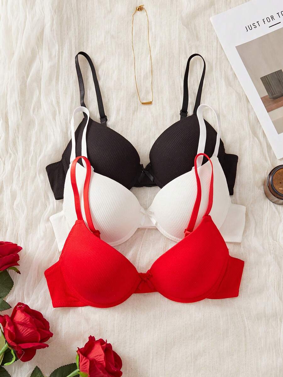 SHEIN 3件套女士纯色基础休闲文胸,带蝴蝶结装饰 - 彩色 - 查看 1