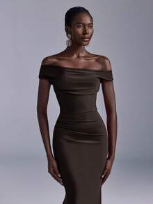 Elitara Elegant Ruched Off Shoulder Mermaid Dress, Suitable For Weddings, Parties, Vacations, Prom, Bridesmaid (Adult) - Coffee - View 4