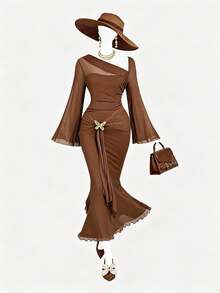 SHEIN MOD Plus Size Asymmetric Shoulder Flare Sleeve Brown Dress With Bowknot Metal Buckle And Fish Tail Design Brown Formal Dress Brown Dresses Classy Elegant Dinner Outfit For Women Earth Tone Dress Brown Wedding Guest Dress.Christmas Outfit