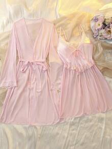 DelicateAllure 情人节网纱蕾丝边V领性感睡袍女士睡衣套装 - 淺粉色 - 查看 6