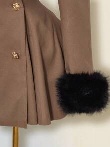 SHEIN ICON 女士毛绒拼接双排扣长袖外套，秋冬款 - 棕色 - 查看 5