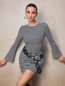 Modelyn Women's Casual Striped Print Round Neck Short Dress - Black and White - View 1