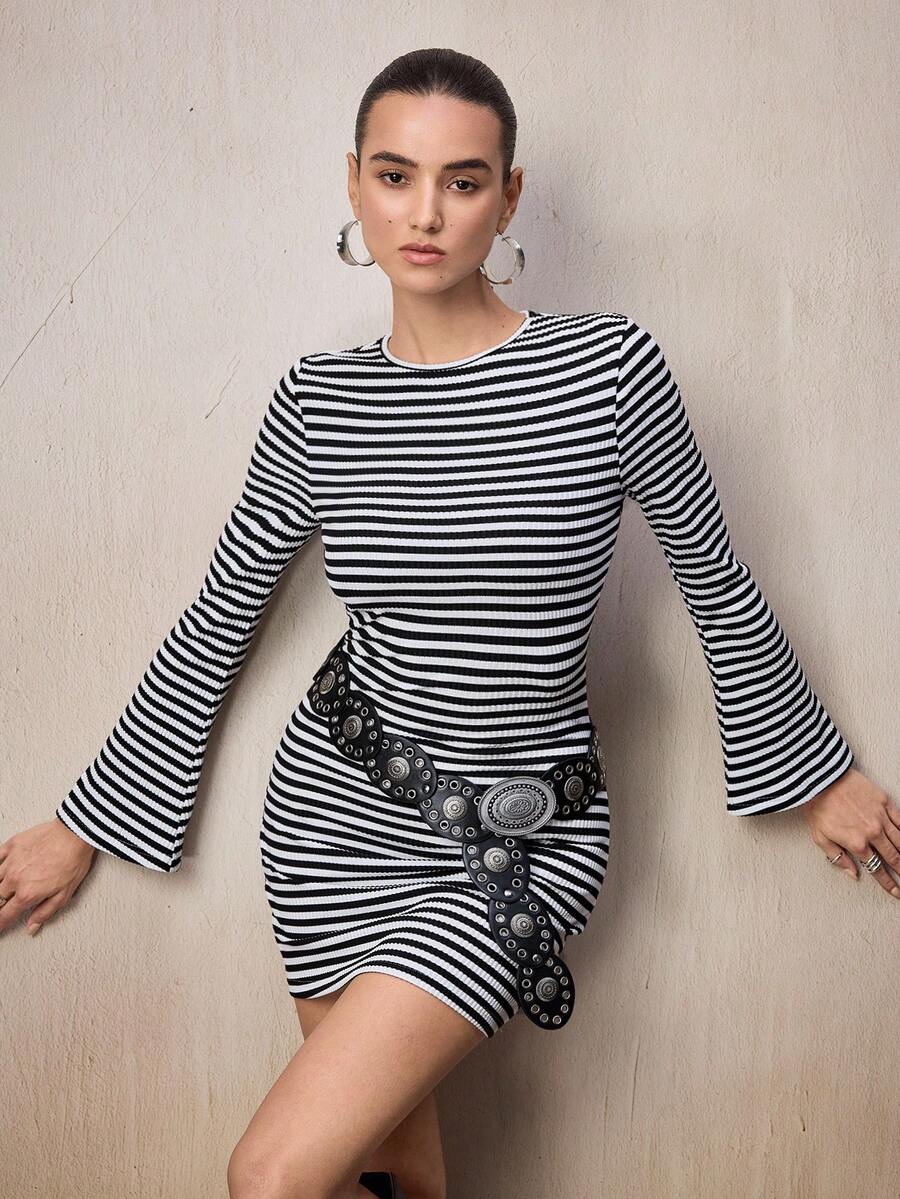 Modelyn Women's Casual Striped Print Round Neck Short Dress - Black and White - View 1