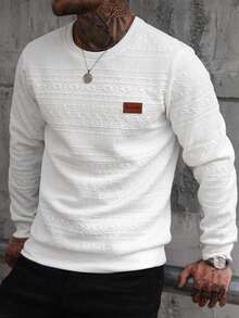 Manfinity CasualCool Men's Jacquard Knit Comfortable Fabric Long Sleeve Crew Neck Sweatshirt, Men's Casual Vacation Party Dining Home Office Versatile Style, Best Gift For Boyfriend Or Husband Men Tops Long Sleeve Men Long Sleeve Men Knit Tops Jumper For Men - White - View 4