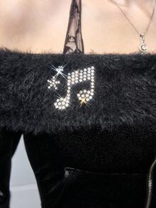 ROMWE Avant Top de mujer con hombros descubiertos, con adornos de strass y textura suave, estilo subcultura Y2K - Negro - Ver 4
