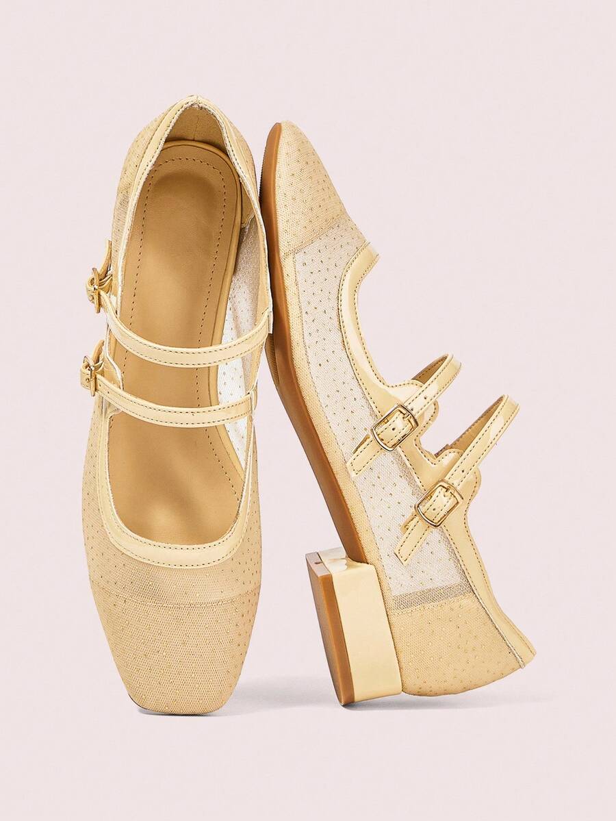 CUCCOO DOLLMOD Women's Fashion Versatile Comfortable Low Vamp Rhinestone Buckle Flat Shoes - Apricot - View 1