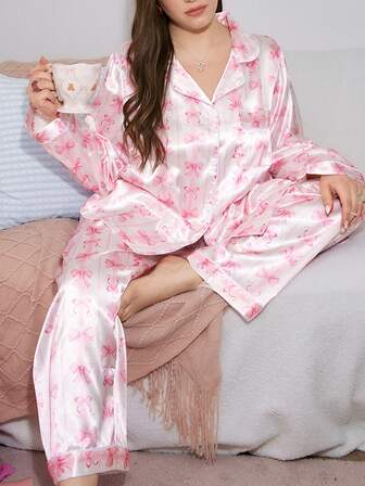 SweetSlumber Große Größen Schleife Spitze Muster süß Ins Popeline Hemdkragen Langarm Pyjama Set