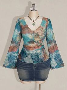 SHEIN ICON PlPlus Size Sexy Fashion Bohemian Western Style Y2K Millennium Style Blue And Orange Exotic Pattern V-Neck Ruffled Bell Sleeve Mesh Semi-Sheer Top - Blue - View 3