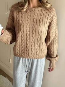 SHEIN 少女休闲灯笼袖纯色长袖毛衣，灰色毛衣，秋季毛衣，感恩节冬季舒适保暖，适合日常穿着、庆祝活动、秋冬季节，轻松舒适，秋冬季叠穿，时尚百搭，适合秋冬季日常穿着、街头风格、居家穿着 - 卡其色 - 查看 3