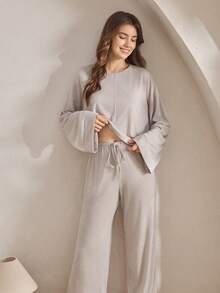 Ocili 两件套舒适柔软竹纤维针织圆领长袖上衣和裤子女士家居服套装，夏季柔软长袖家居服套装睡衣女士宽松款，冬季服装 - 灰色 - 查看 5